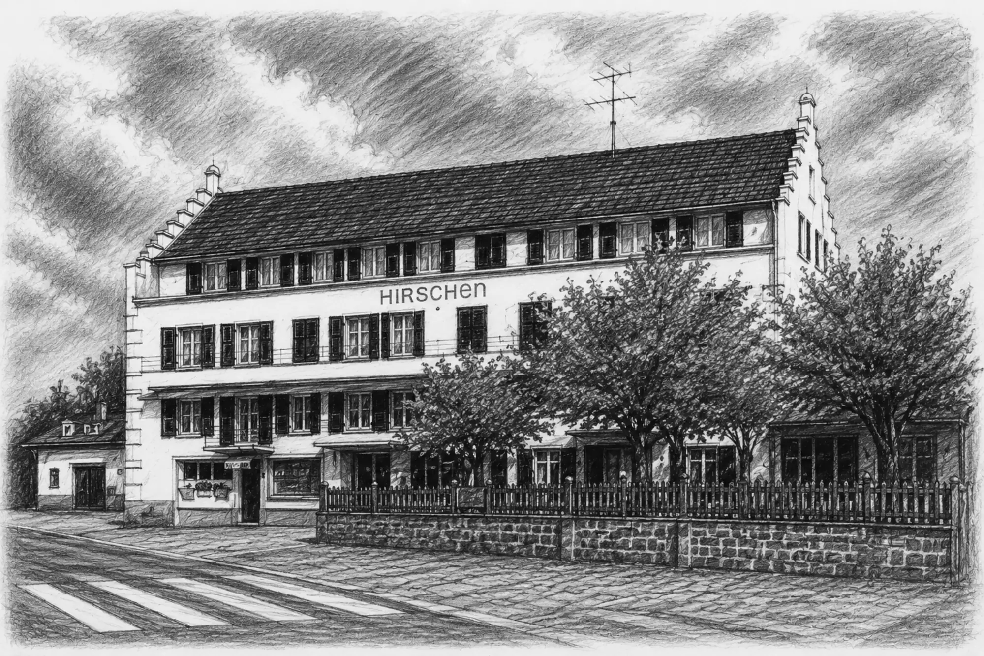 Bleistiftzeichnung des historischen Hirschen Restaurant & Bar Gebäudes